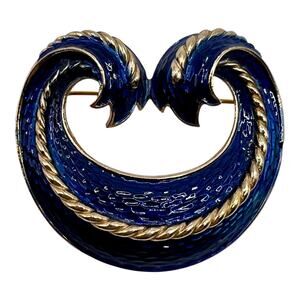 Crown Trifari Cobalt Blue Enamel Rope Brooch Gold Tone Costume Jewelry